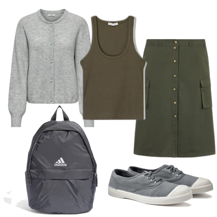 Outfit mujer - Casual #12180. Estilo Casual para Escuela/Universidad. Combinación con mochilas, sneakers, camisetas sin mangas, minifaldas, blazers.