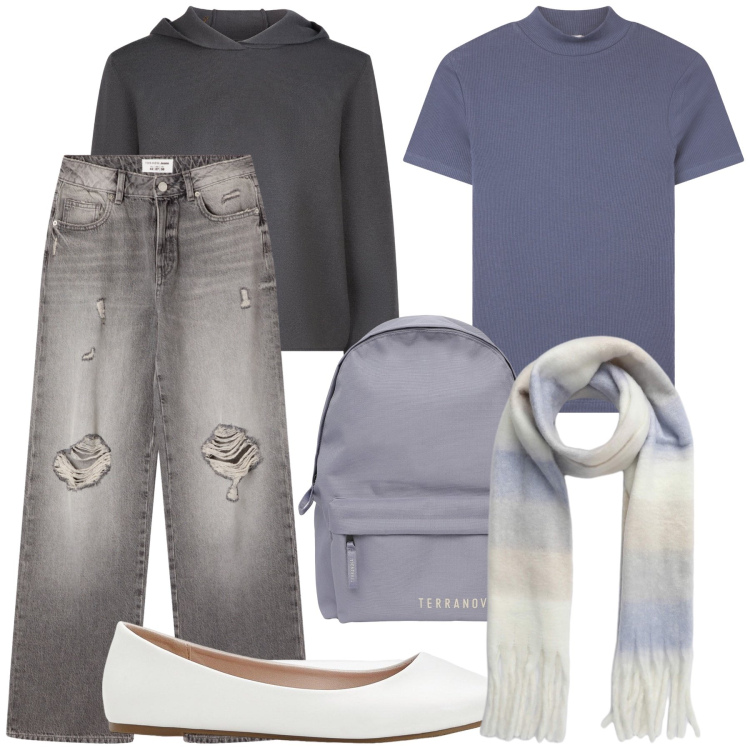 Outfit donna - Total look. Stile Basic per Tutti i giorni. Abbinamento con ballerine, zaini, jeans strappati, sciarpe, t-shirt, maglieria.