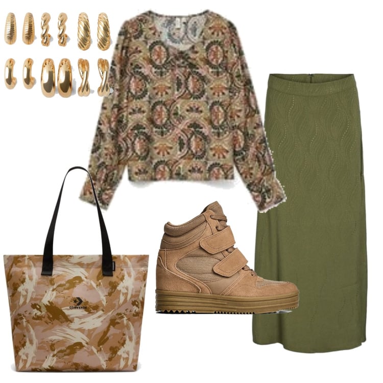 Outfit mujer - Vintage retrò #979. Estilo Vintage retrò para Oficina. Combinación con falda longuette, pendientes, blusas, sneakers, bolso tote.