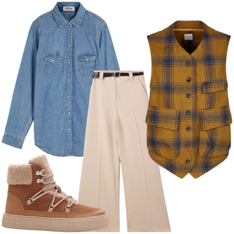 Outfit donna - Total look #2274657. Stile Casual per Tutti i giorni. Abbinamento con camicie, stivaletti, pantaloni, gilet.