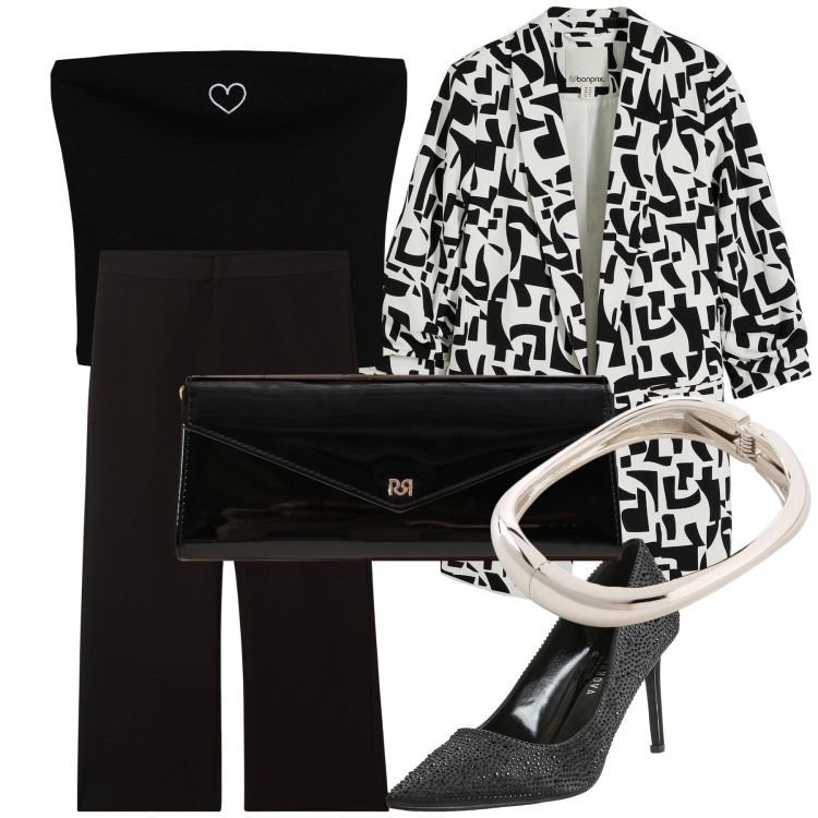 Outfit donna - Giacca grafica. Stile Glamour per Serata fuori. Abbinamento con blazer, braccialetti, décolleté, pantaloni, top, pochette.
