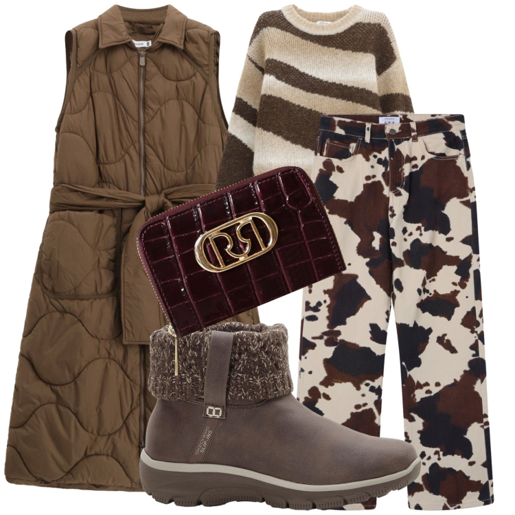 Outfit donna - Total look. Stile Trendy per Tutti i giorni. Abbinamento con stivaletti, pullovers, blazer, jeans, portafogli.