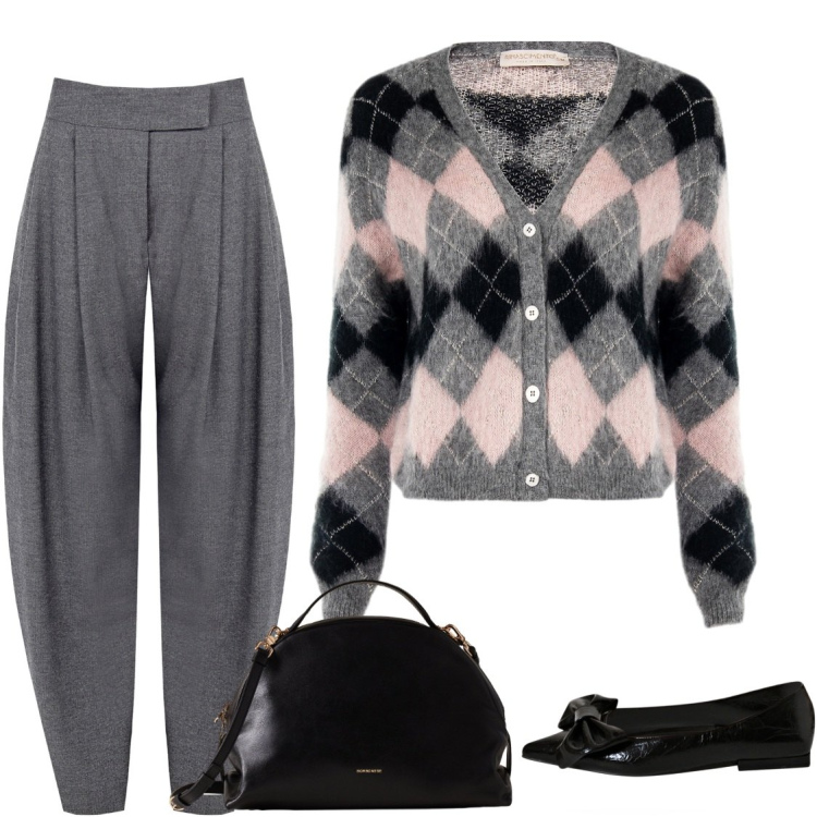 Outfit donna - Semplicemente cosy. Stile Glamour per Ufficio. Abbinamento con pantaloni, cardigans, ballerine, borse a mano.
