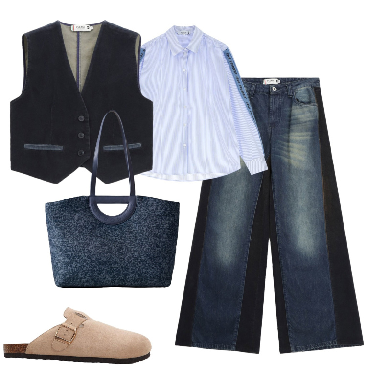 Outfit donna - City. Stile Casual chic per Tutti i giorni. Abbinamento con pantofole, jeans a zampa, camicie, gilet, shopping bag.