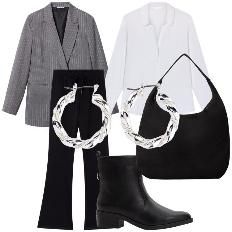 Outfit donna - Semplicemente in ufficio. Stile Basic per Ufficio. Abbinamento con orecchini, stivaletti, borse a mano, pantaloni, camicie, blazer.