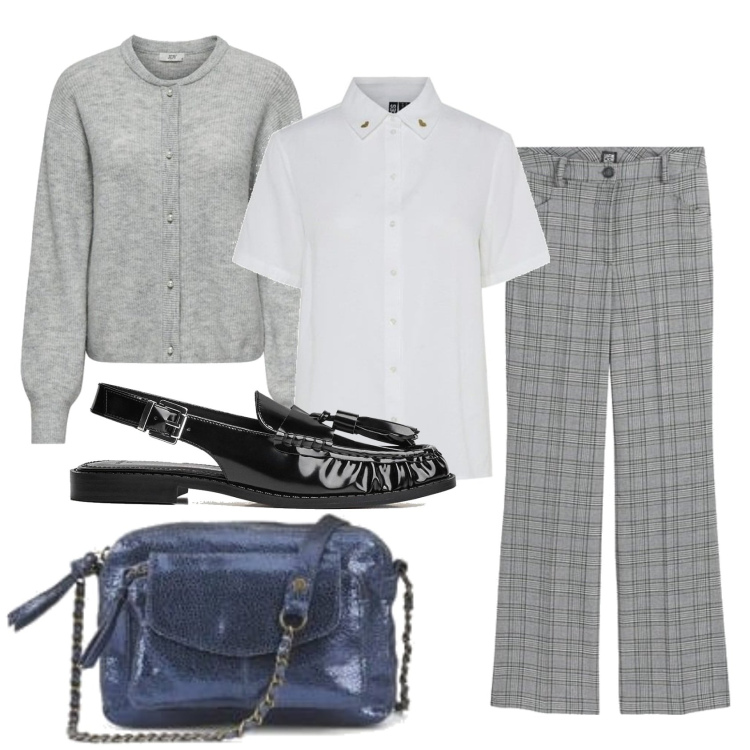 Outfit mujer - Preppy #750. Estilo Preppy para Oficina. Combinación con pantalones, camisas de manga corta, mocasines, blazers, bandoleras.