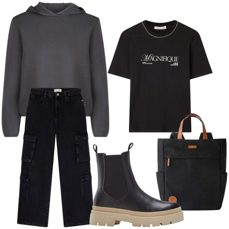 Outfit donna - Urban style. Stile Minimal per Scuola/Università. Abbinamento con zaini, stivaletti chelsea, t-shirt, jeans, maglieria.