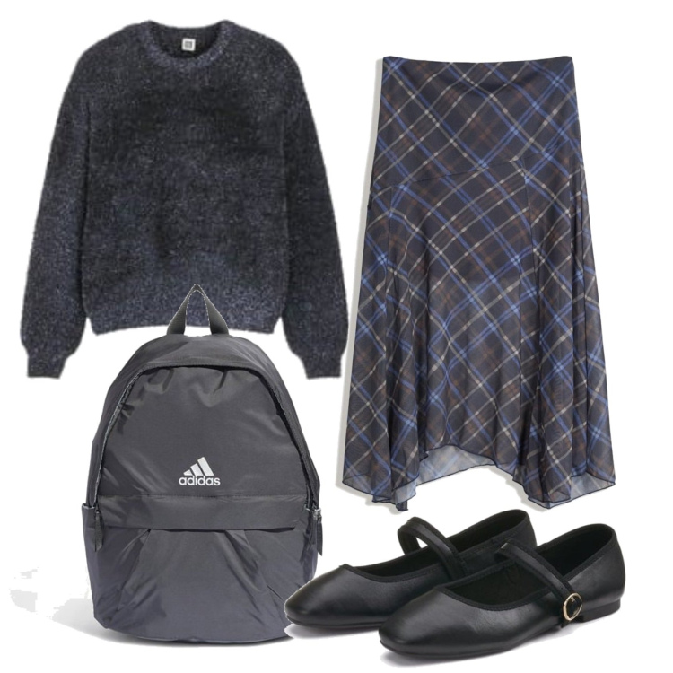 Outfit mujer - Preppy #749. Estilo Preppy para Escuela/Universidad. Combinación con mochilas, bailarinas, falda longuette, prendas de punto.