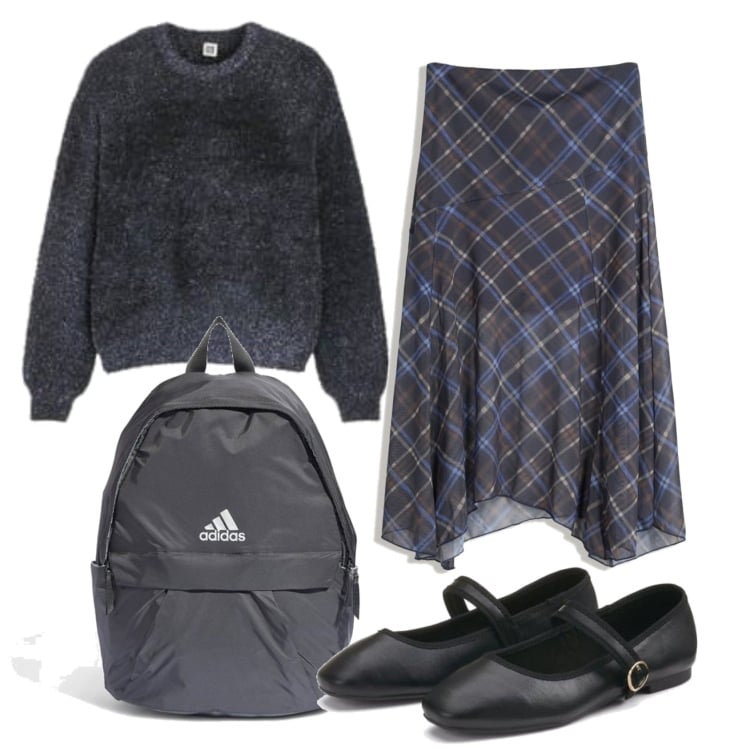 Outfit mujer - Preppy #749. Estilo Preppy para Escuela/Universidad. Combinación con mochilas, bailarinas, falda longuette, prendas de punto.