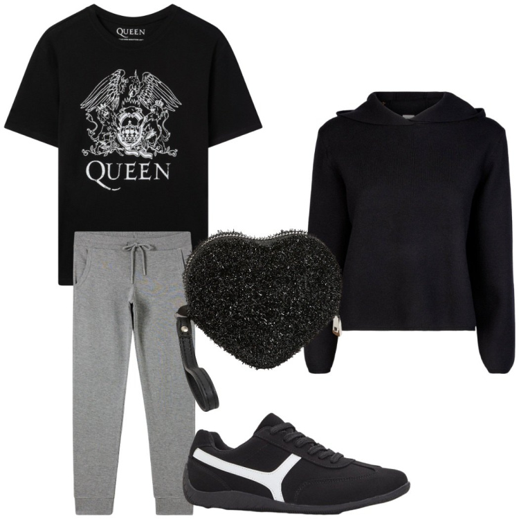 Outfit donna - Minimal. Stile Minimal per Scuola/Università. Abbinamento con sneakers, t-shirt, portafogli, pantaloni, maglieria.