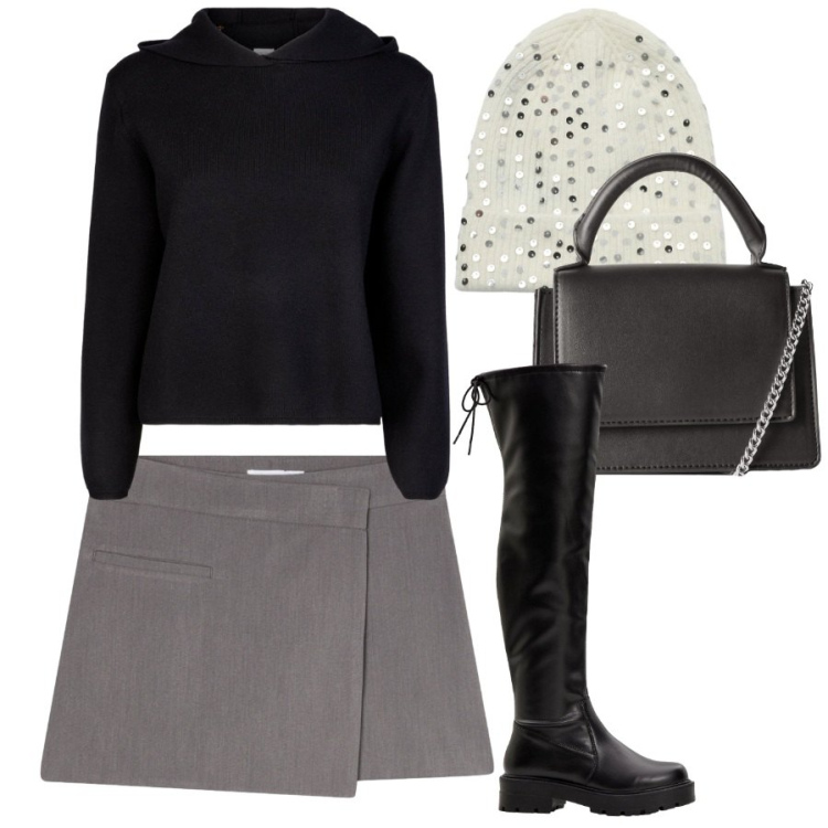 Outfit donna - Qualche paillettes. Stile Preppy per Scuola/Università. Abbinamento con stivali sopra il ginocchio, borse a tracolla, berretti, gonne, maglieria.