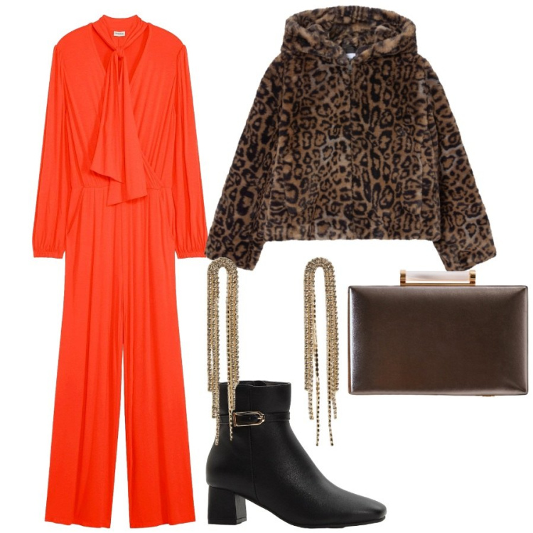 Outfit donna - Serata Halloween. Stile Glamour per Serata fuori. Abbinamento con stivaletti, tute, orecchini, ecopellicce, clutch.