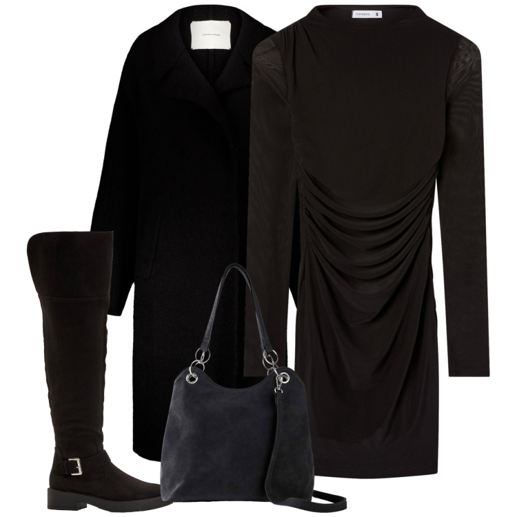 Outfit donna - Black. Stile Urban per Tutti i giorni. Abbinamento con borse a mano, stivali sopra il ginocchio, vestiti corti, cappotti.