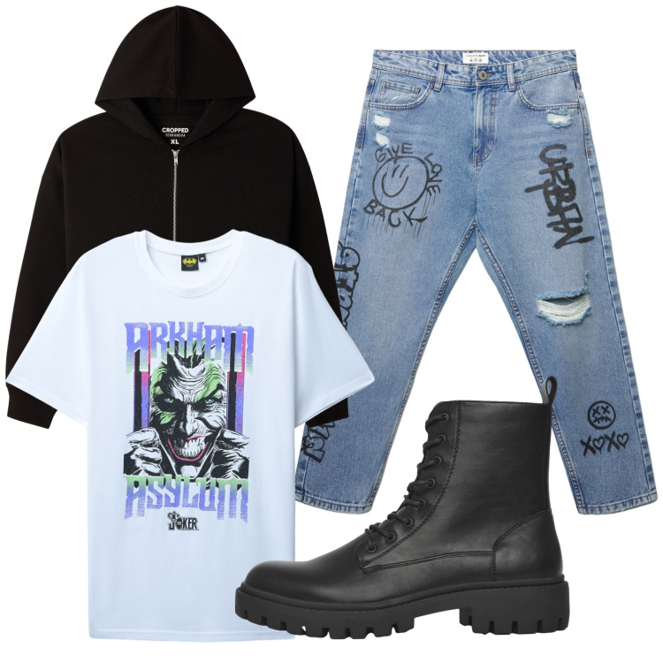 Outfit uomo - Joker. Stile Urban per Tutti i giorni. Abbinamento con anfibi, felpe con cappuccio, t-shirt, jeans strappati.