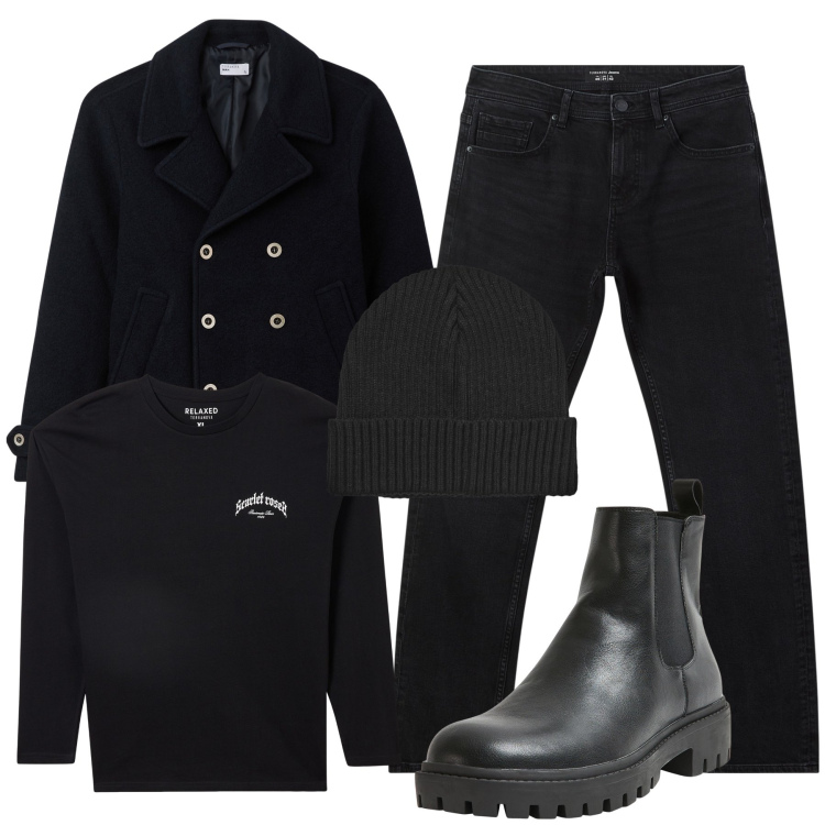 Outfit uomo - Night. Stile Trendy per Tutti i giorni. Abbinamento con stivali e stivaletti, cappotti, jeans, berretti, t-shirt.