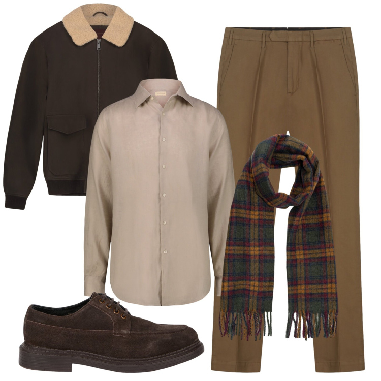 Outfit uomo - Autumn. Stile Casual per Tutti i giorni. Abbinamento con bomber, pantaloni, camicie, sciarpe, scarpe stringate.