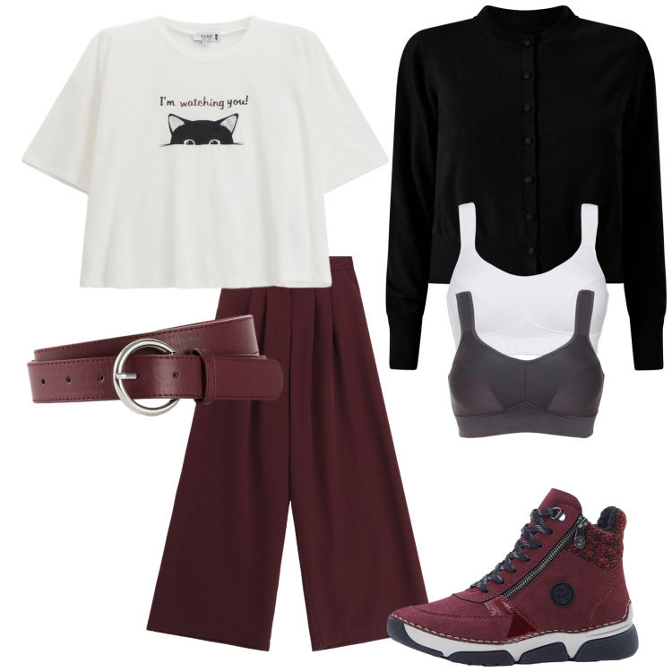 Outfit donna - Coucou. Stile Casual per Tutti i giorni. Abbinamento con reggiseni, cinture, stivaletti, cardigans, pantaloni, t-shirt.
