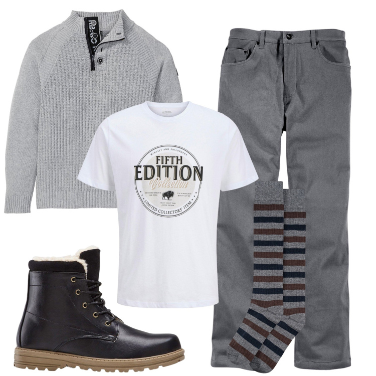 Outfit uomo - Nuvole grigie. Stile Casual per Tutti i giorni. Abbinamento con pantaloni, maglieria, stivali e stivaletti, t-shirt, calzini.
