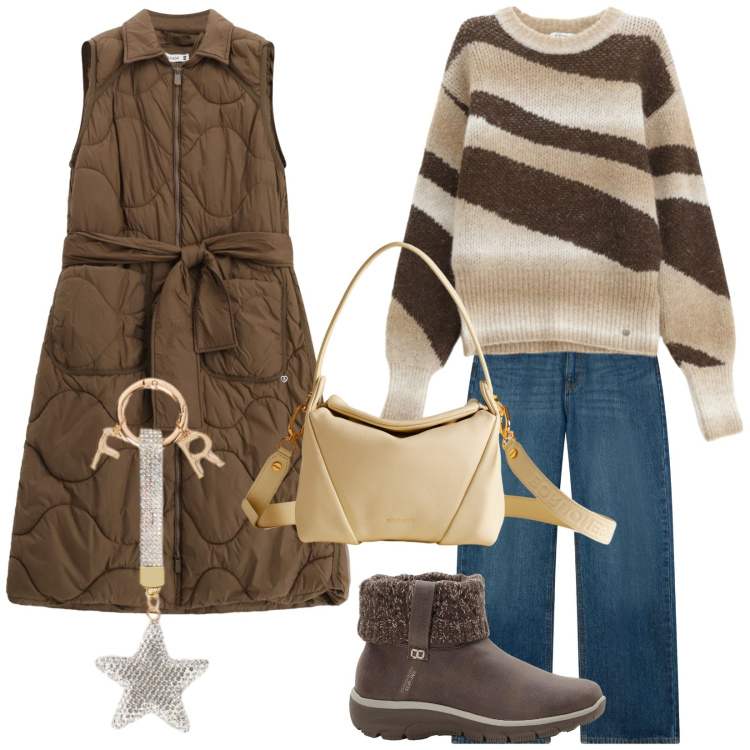 Outfit donna - In smanicato lungo. Stile Trendy per Tutti i giorni. Abbinamento con stivaletti, jeans, blazer, pullovers, borse a spalla, portachiavi.