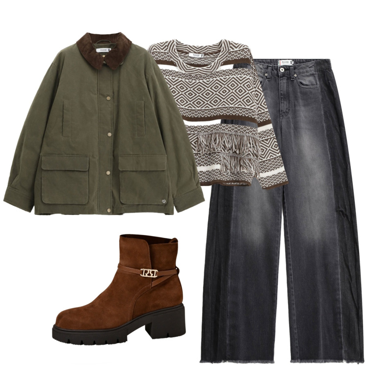 Outfit donna - Ottobre. Stile Casual chic per Tutti i giorni. Abbinamento con stivaletti, blazer, jeans, maglieria.