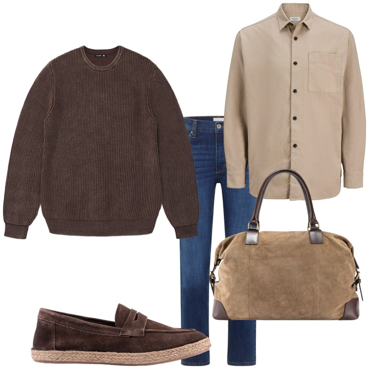 Outfit uomo - Total look #2274711. Stile Casual per Tutti i giorni. Abbinamento con camicie, jeans dritti, maglieria, espadrillas, borse sportive.