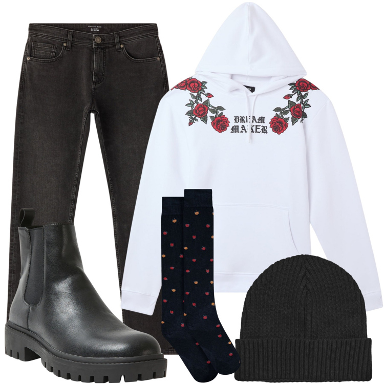 Outfit uomo - Rose. Stile Trendy per Tutti i giorni. Abbinamento con stivali e stivaletti, felpe con cappuccio, jeans, berretti, calzini.