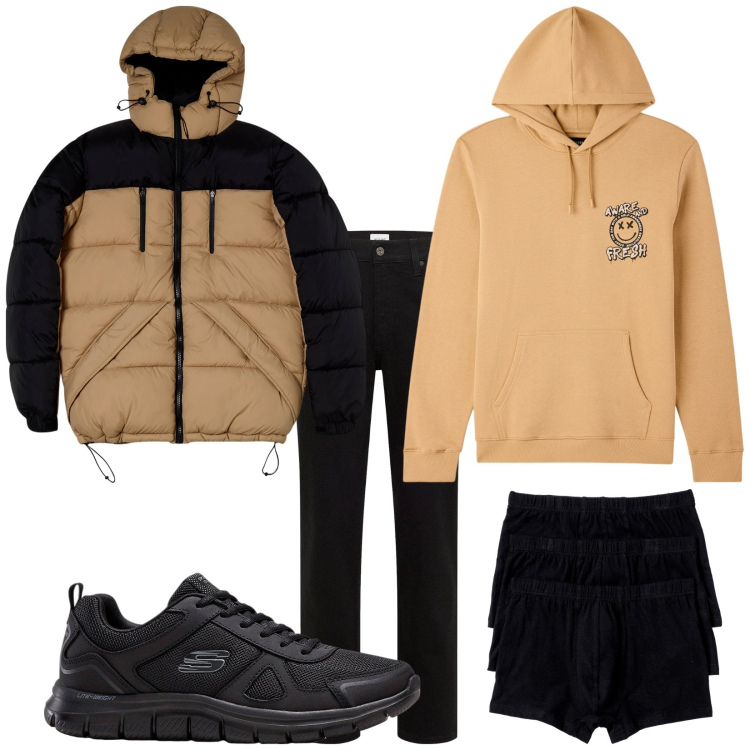 Outfit uomo - Total look #2274713. Stile Urban per Tutti i giorni. Abbinamento con boxer, sneakers, jeans dritti, giacche sportive, felpe con cappuccio.