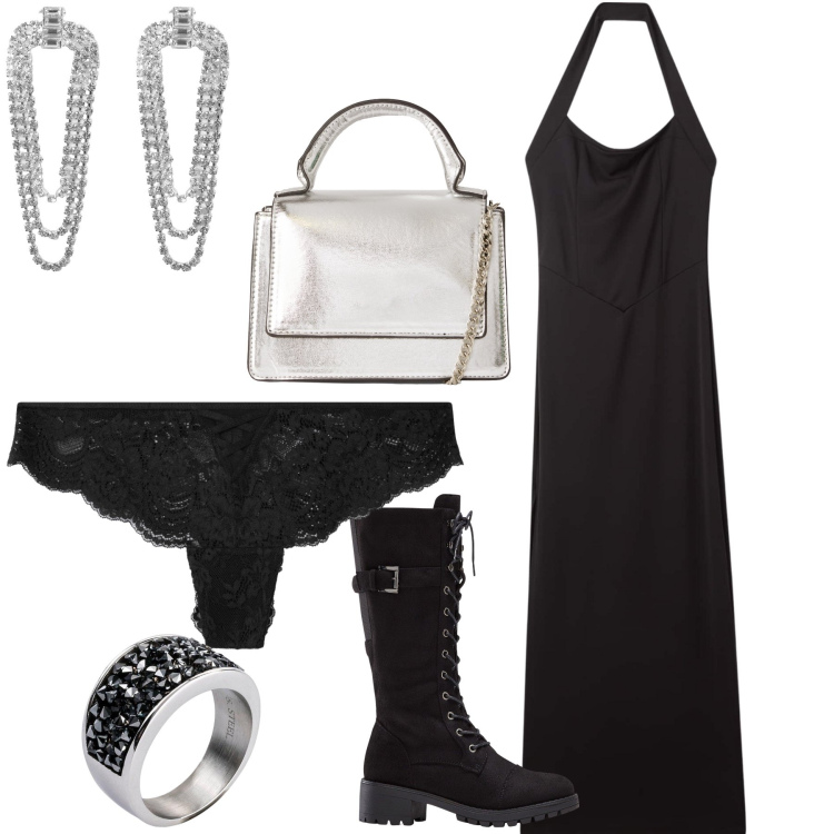 Outfit donna - Ad Halloween sono glam. Stile Glamour per Serata fuori. Abbinamento con anelli, stivali, orecchini, vestiti lunghi, borse a tracolla, culotte.