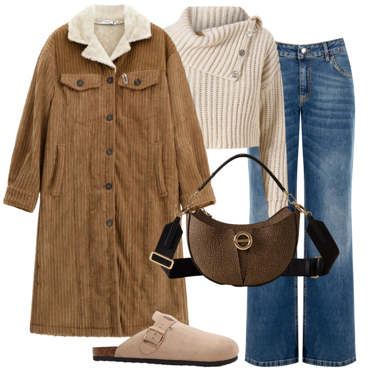 Outfit donna - Ottobre. Stile Casual per Tutti i giorni. Abbinamento con pantofole, jeans, maglieria, cappotti, borse a spalla.