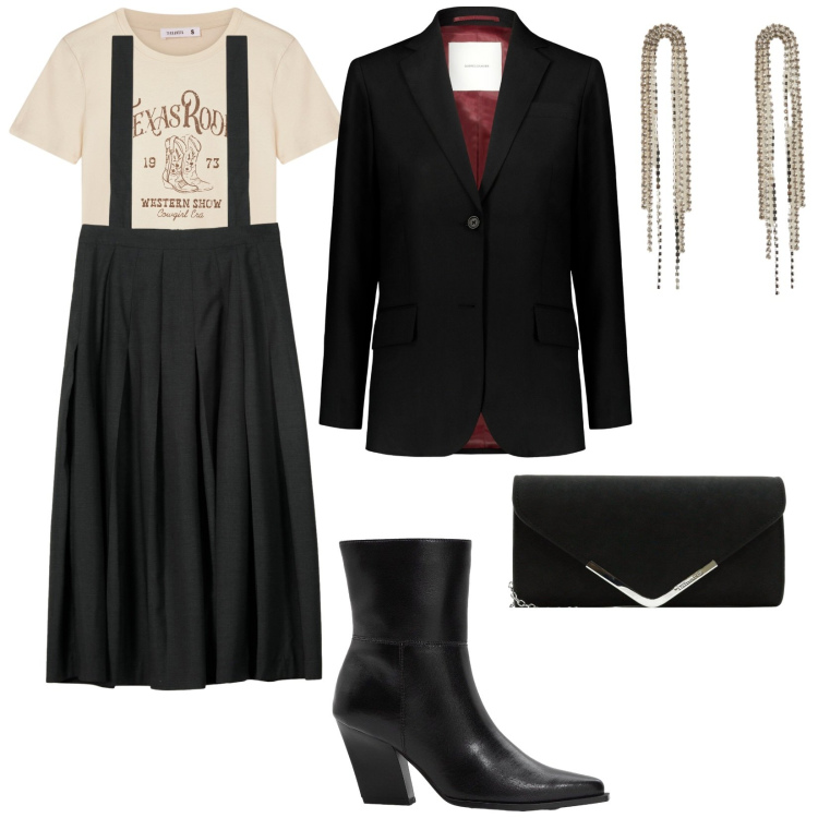 Outfit donna - A lavoro. per Ufficio. Abbinamento con pochette, stivaletti, orecchini, t-shirt, gonne lunghe, blazer.