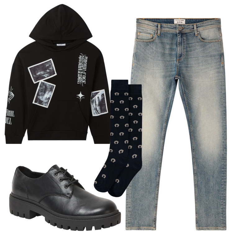 Outfit uomo - Foto. Stile Trendy per Tutti i giorni. Abbinamento con felpe con cappuccio, scarpe stringate, jeans skinny, calzini.