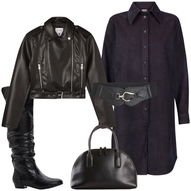 Outfit donna - Uno chemisier che svolta. Stile Rock per Tutti i giorni. Abbinamento con stivali sopra il ginocchio, shopping bag, cinture, giacche, vestiti chemisier.