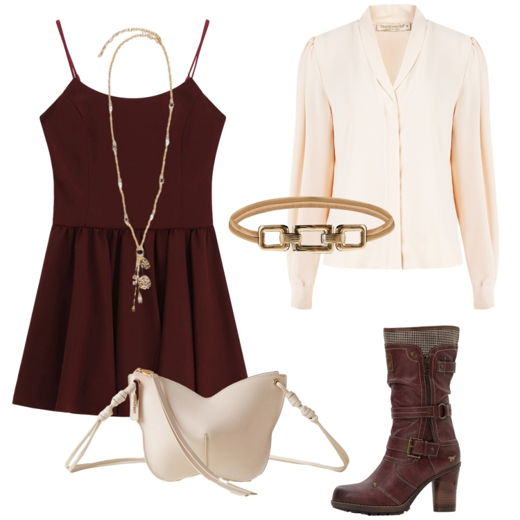 Outfit donna - Torroncina. Stile Glamour per Serata fuori. Abbinamento con stivali, camicie, cinture, vestiti corti, borse a tracolla, ciondoli.