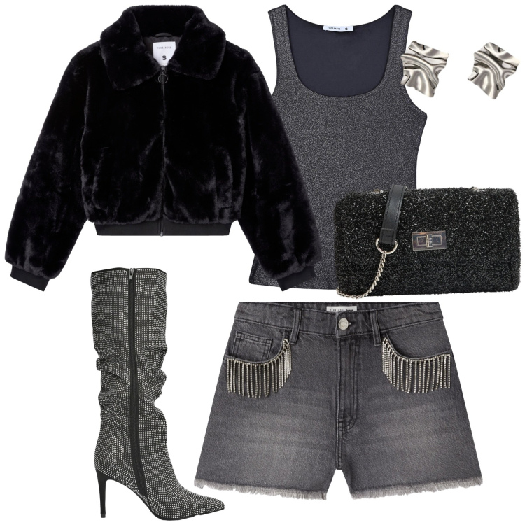 Outfit donna - Serata. Stile Sexy per Serata fuori. Abbinamento con shorts, borse a tracolla, top, ecopellicce, stivali, orecchini.