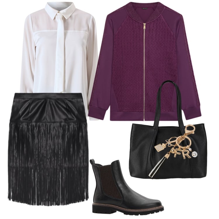 Outfit donna - La gonna con le frange. per Tutti i giorni. Abbinamento con shopping bag, stivaletti chelsea, camicie, felpe, minigonne, portachiavi.