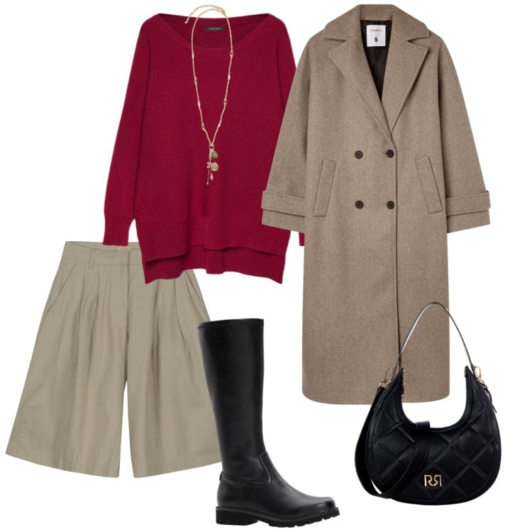 Outfit donna - In città. per Tutti i giorni. Abbinamento con stivali, cappotti, borse a tracolla, maglieria, bermuda, ciondoli.