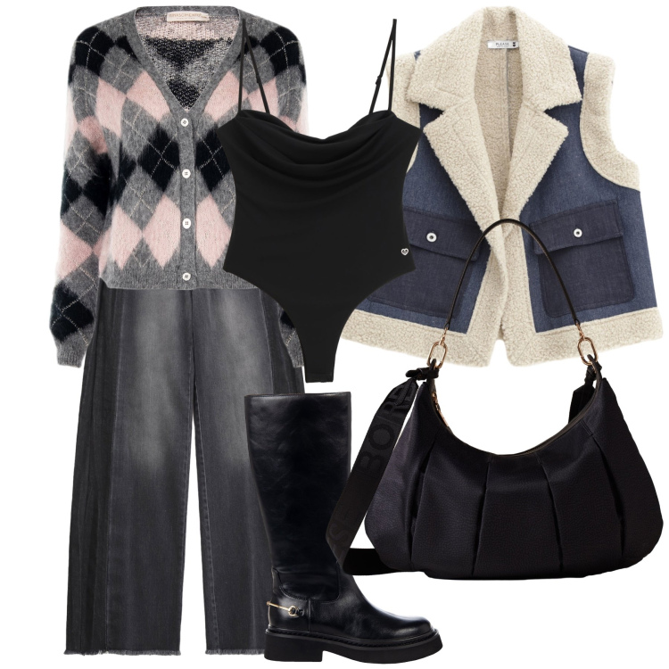 Outfit donna - Total look. Stile Urban per Tutti i giorni. Abbinamento con cardigans, stivali sopra il ginocchio, jeans, gilet, body, borse a spalla.