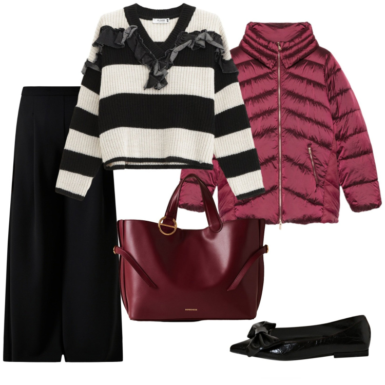 Outfit donna - Praticitá ed eleganza. per Tutti i giorni. Abbinamento con pantaloni a palazzo, ballerine, maglieria, shopping bag, piumini.