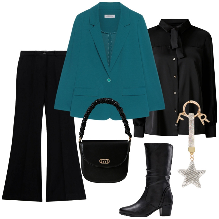 Outfit donna - W il venerdì. Stile Chic per Ufficio. Abbinamento con stivali, borse a mano, camicie, pantaloni, blazer, portachiavi.