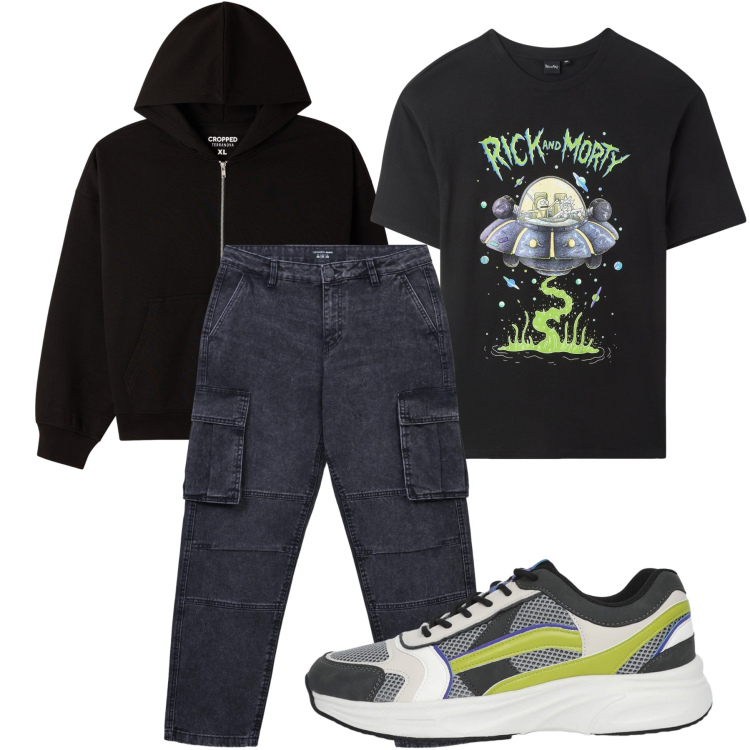 Outfit uomo - Alieni. Stile Urban per Tutti i giorni. Abbinamento con t-shirt, jeans, felpe con cappuccio, sneakers.