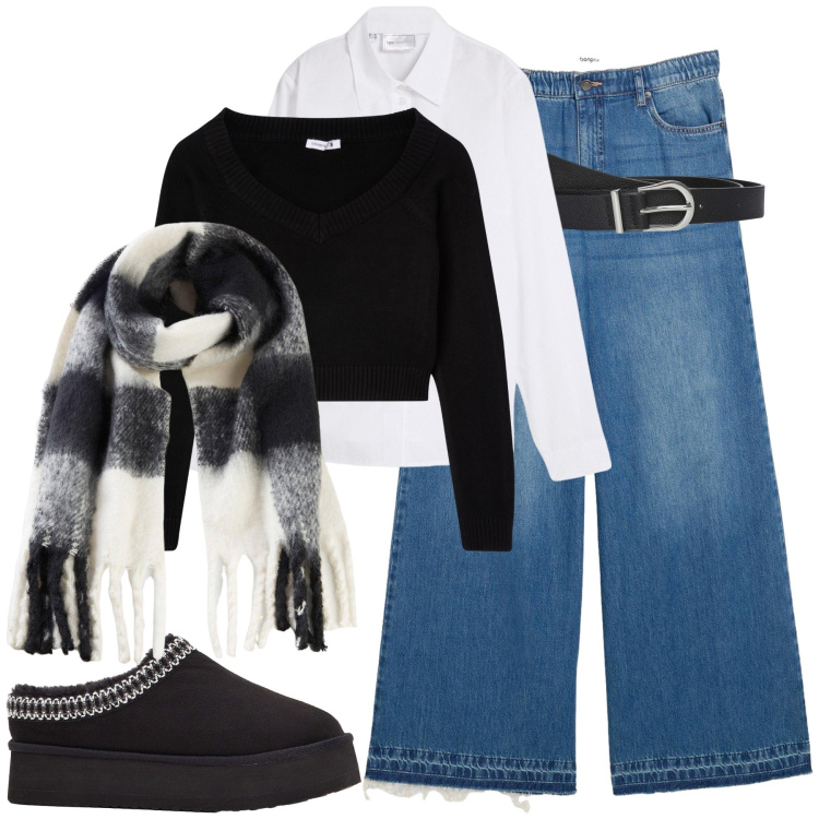 Outfit donna - Un look che spacca. Stile Trendy per Tutti i giorni. Abbinamento con camicie, sciarpe, stivaletti, jeans, cinture, maglieria.