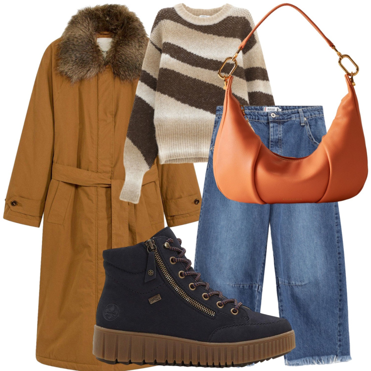 Outfit donna - Casual chic trench. Stile Trendy per Tutti i giorni. Abbinamento con sneakers alte, trench, jeans, pullovers, borse a spalla.