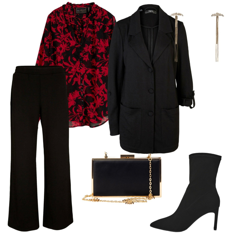 Outfit donna - Invito al compleanno. per Serata fuori. Abbinamento con blazer, camicie, pantaloni a palazzo, orecchini, stivali, pochette.