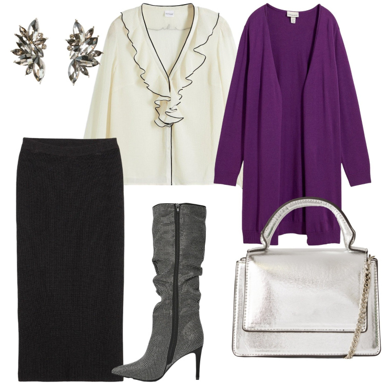 Outfit donna - Dalla mattina alla sera. per Serata fuori. Abbinamento con cardigans, gonne, camicie, orecchini, borse a tracolla, stivali.