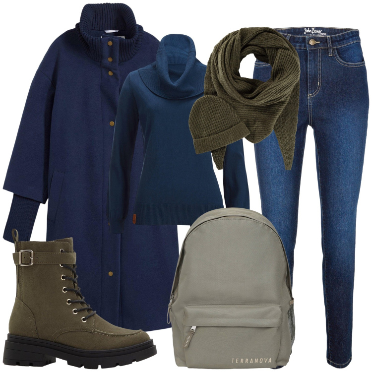 Outfit donna - Il ritorno degli skinny. Stile Trendy per Scuola/Università. Abbinamento con maglieria, cappotti, stivaletti, sciarpe, jeans skinny, zaini.