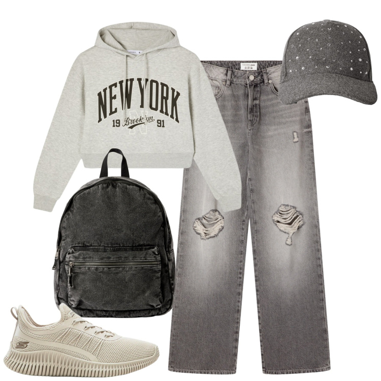 Outfit donna - Total look #2274755. Stile Casual per Tutti i giorni. Abbinamento con sneakers, zaini, jeans strappati, felpe con cappuccio, cappelli con visiera.