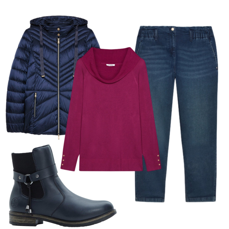 Outfit donna - Rosa autunnale. Stile Casual chic per Tutti i giorni. Abbinamento con stivaletti chelsea, maglieria, jeans, piumini.