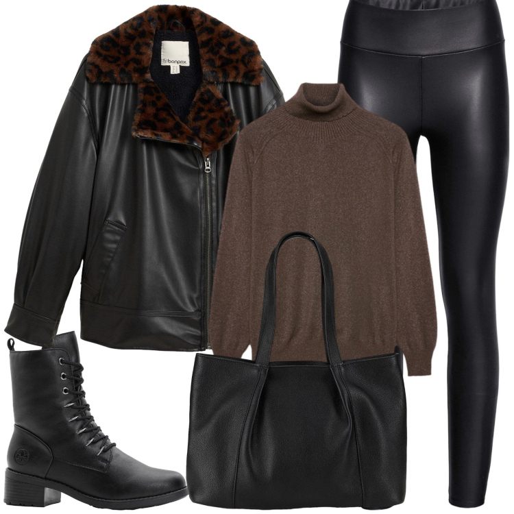 Outfit donna - A tutta pelle. Stile Urban per Tutti i giorni. Abbinamento con leggings, shopping bag, bomber, stivaletti, maglieria.