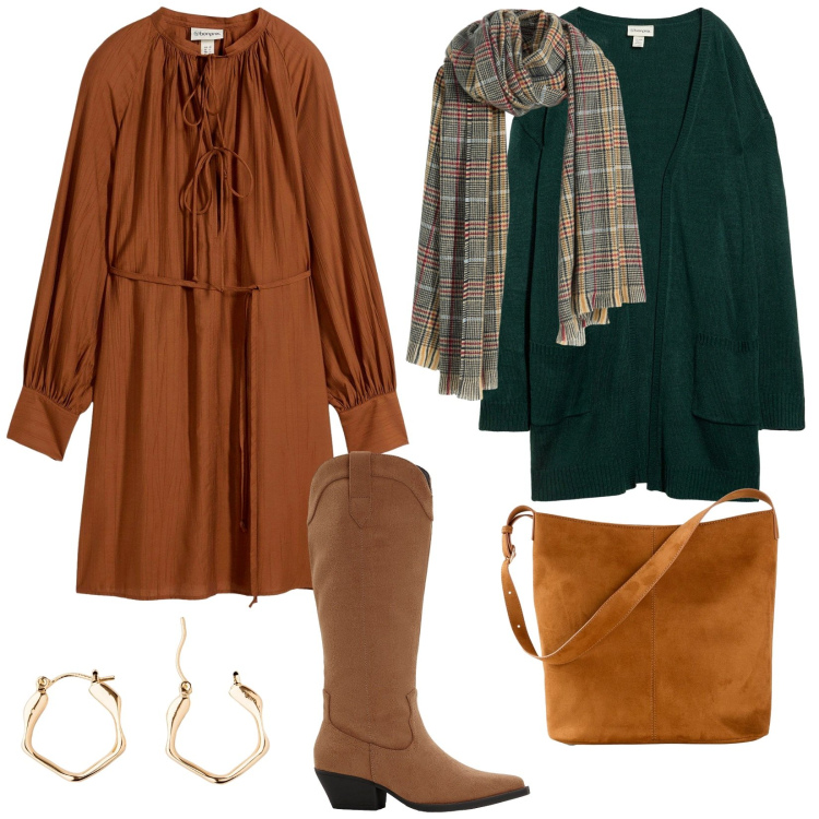 Outfit donna - Il mio autunno. per Tutti i giorni. Abbinamento con cardigans, vestiti, sciarpe, borse a mano, stivali, orecchini.