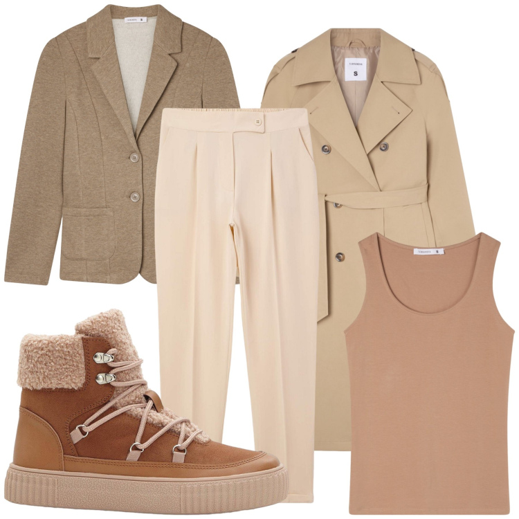 Outfit donna - Trench e blazer. Stile Urban per Tutti i giorni. Abbinamento con stivaletti, trench, blazer, pantaloni chino, top.